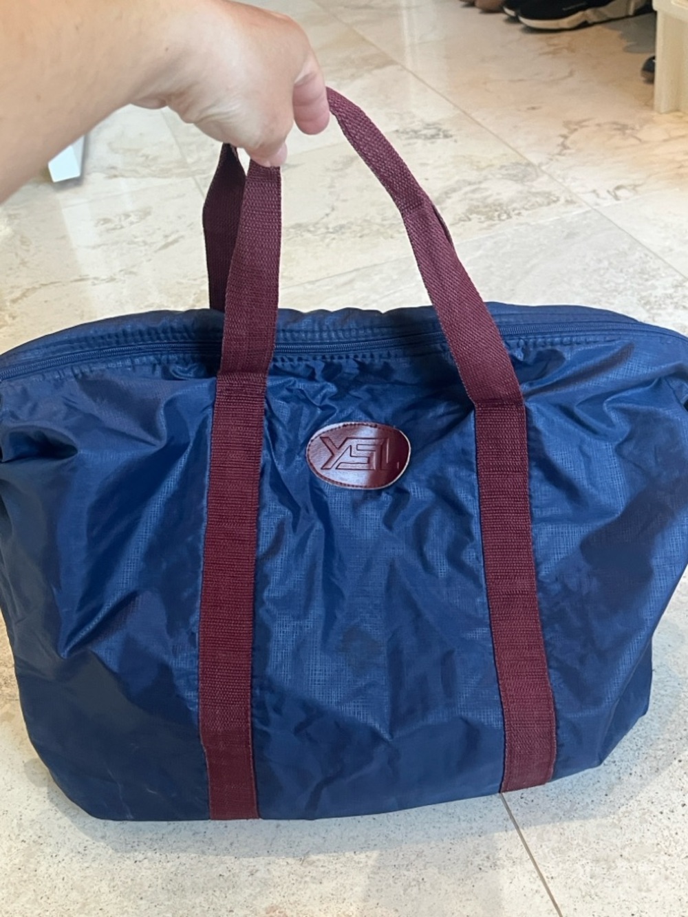 Vintage 80’s YSL Navy Nylon Duffel/Weekend Bag with Burgundy Cloth Straps